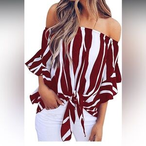 Elegant Off-Shoulder Blouse - Red and White Stripes